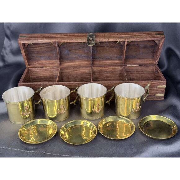 Captain’s Brass Anchor Cup & Saucer Set Nautical Gift in Wood Case Box - Picture 5 of 11